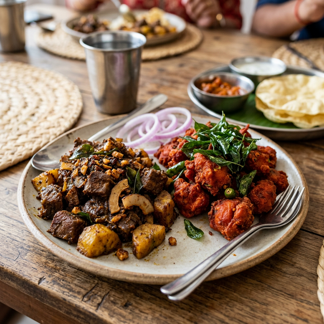 Kerala Easter Main Feast: Pork & Kaya Fry, Chicken 65, and Angamaly Manga Curry